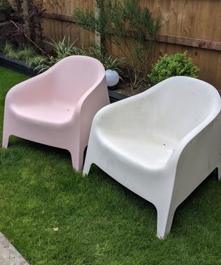 Before white IKEA SKARPÖ chair next to pink painted one on turf