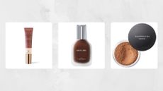 Product shots of Sculpted by Aimee, Haus Labs and Bareminerals, a selection of the best foundations for acne-prone skin