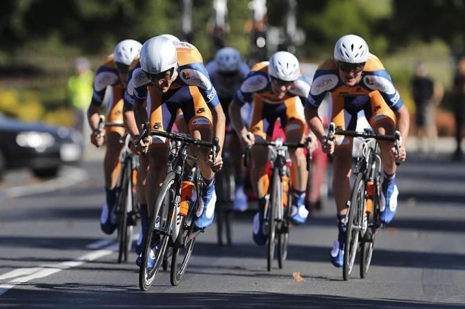 The Huon Salmon-Genesys Wealth Advisers Pro Cycling Team powered to victory in the stage 3 team time trial