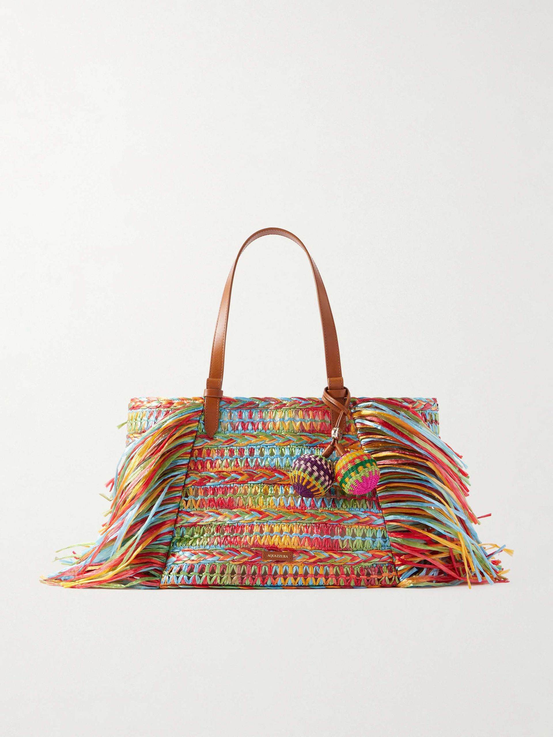Trancoso Fringed Embellished Leather-Trimmed Woven Raffia Tote