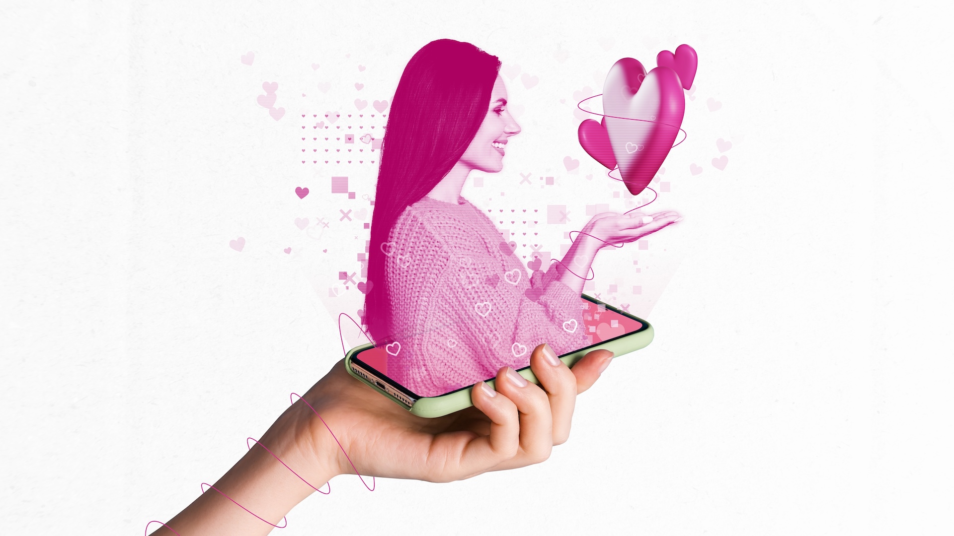 A collage of a beautiful woman coming out of the screen of a smartphone, with hearts and geometric shapes surrounding her