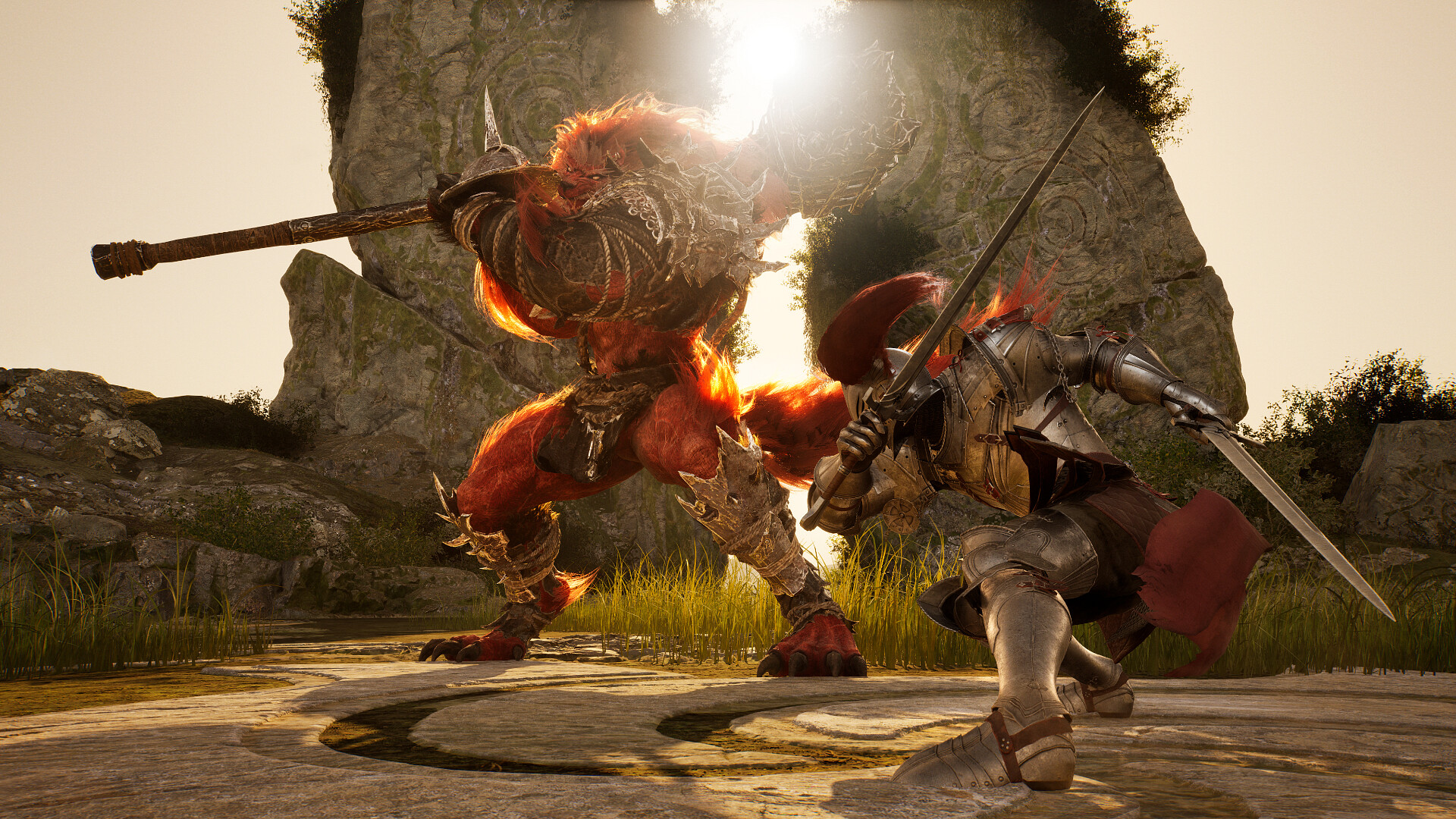 A knight with two swords duels a large lion man in Vindictus: Defying Fate.