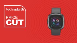 A Fitbit Sense 2 smartwatch on a red background with TechRadar deals logo reading Price Cut