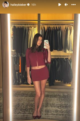 Hailey Bieber dark red Mirror Palais crop top cardigan miniskirt Gucci handbag pumps kitten heels Instagram selfie