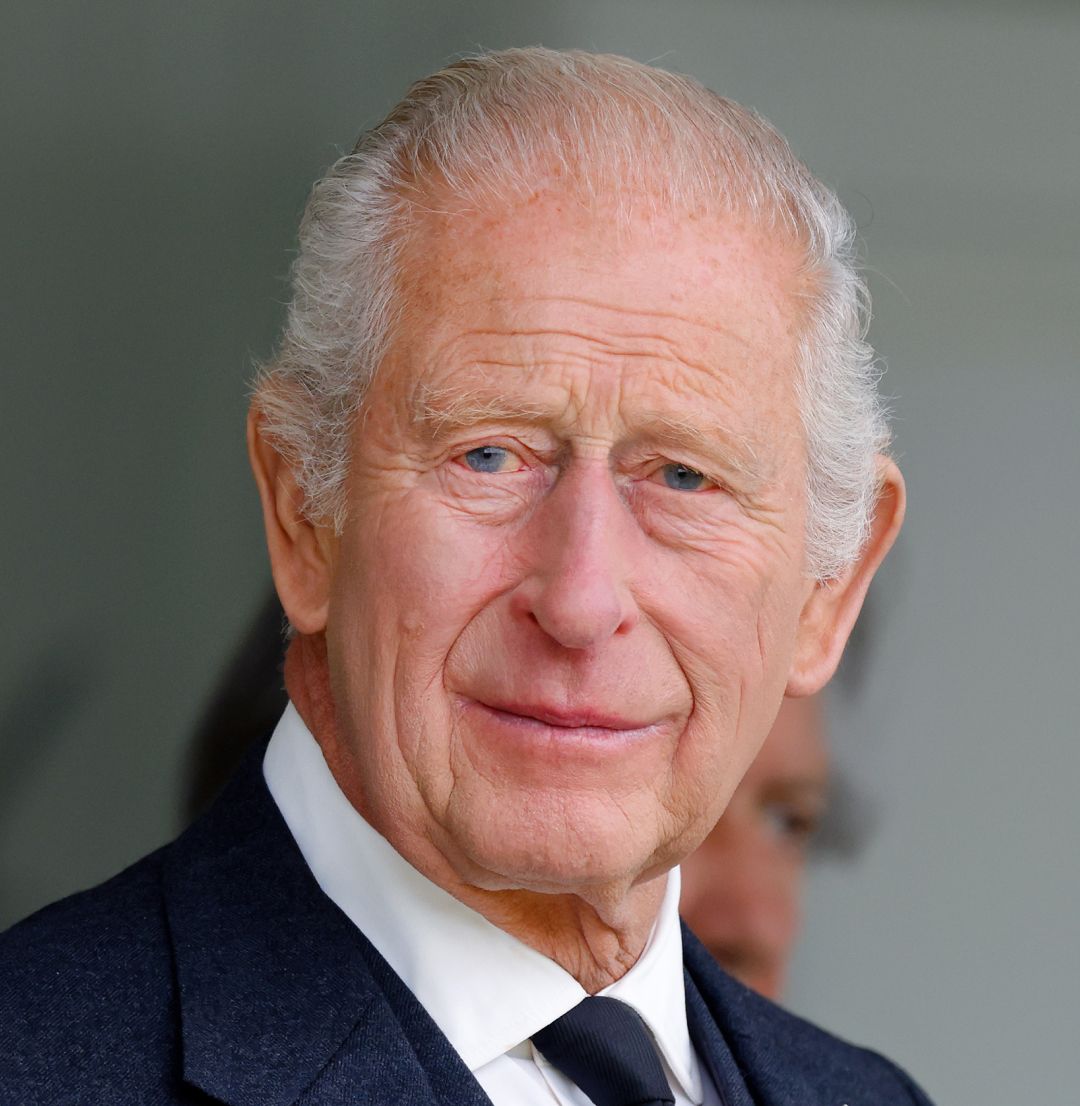 A headshot of King Charles wearing a suit and tie