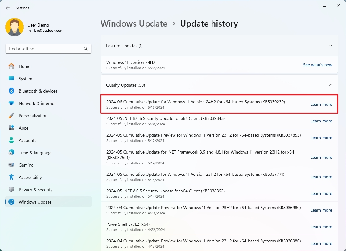 Check installed updates for Windows 11 version 24H2