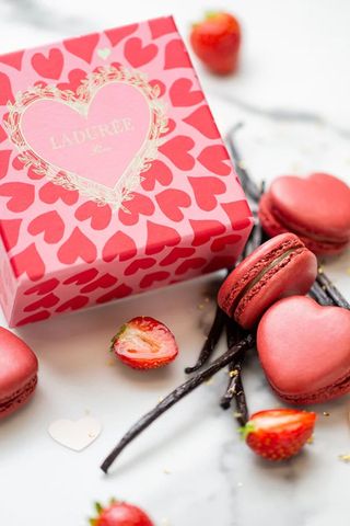 valentine's gifts for her - laduree macarons in a pink heart pattern box