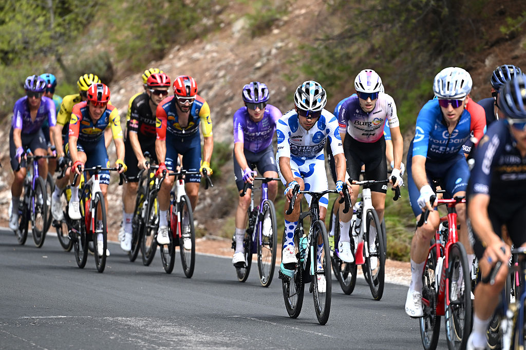 SIERRA DE LA PANDERA, SPAIN - SEPTEMBER 05: Santiago Buitrago of Colombia and Team Bahrain Victorious - Polka Dot Mountain Jersey competes in the breakaway during the La Vuelta - 81st Tour of Spain 2026, Stage 14 a 154.5km stage from Jaen to Sierra de la Pandera 1816m / #UCIWT / on September 05, 2026 in Sierra de la Pandera, Spain. (Photo by Tim de Waele/Getty Images)