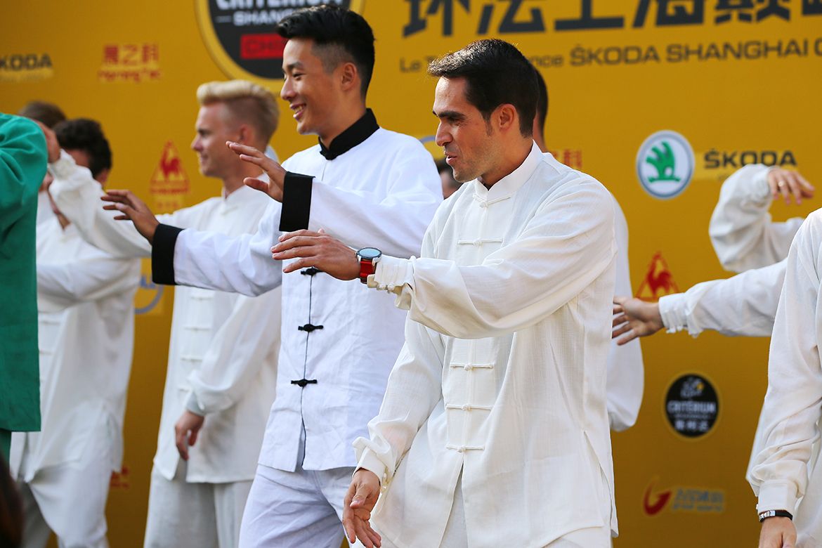 Alberto Contador tries some Tai Chi