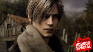 Resident Evil 4 remake protagonist Leon Kennedy looking at the camera, with the GamesRadar+ Big Preview Horror Special 2025 badge branding