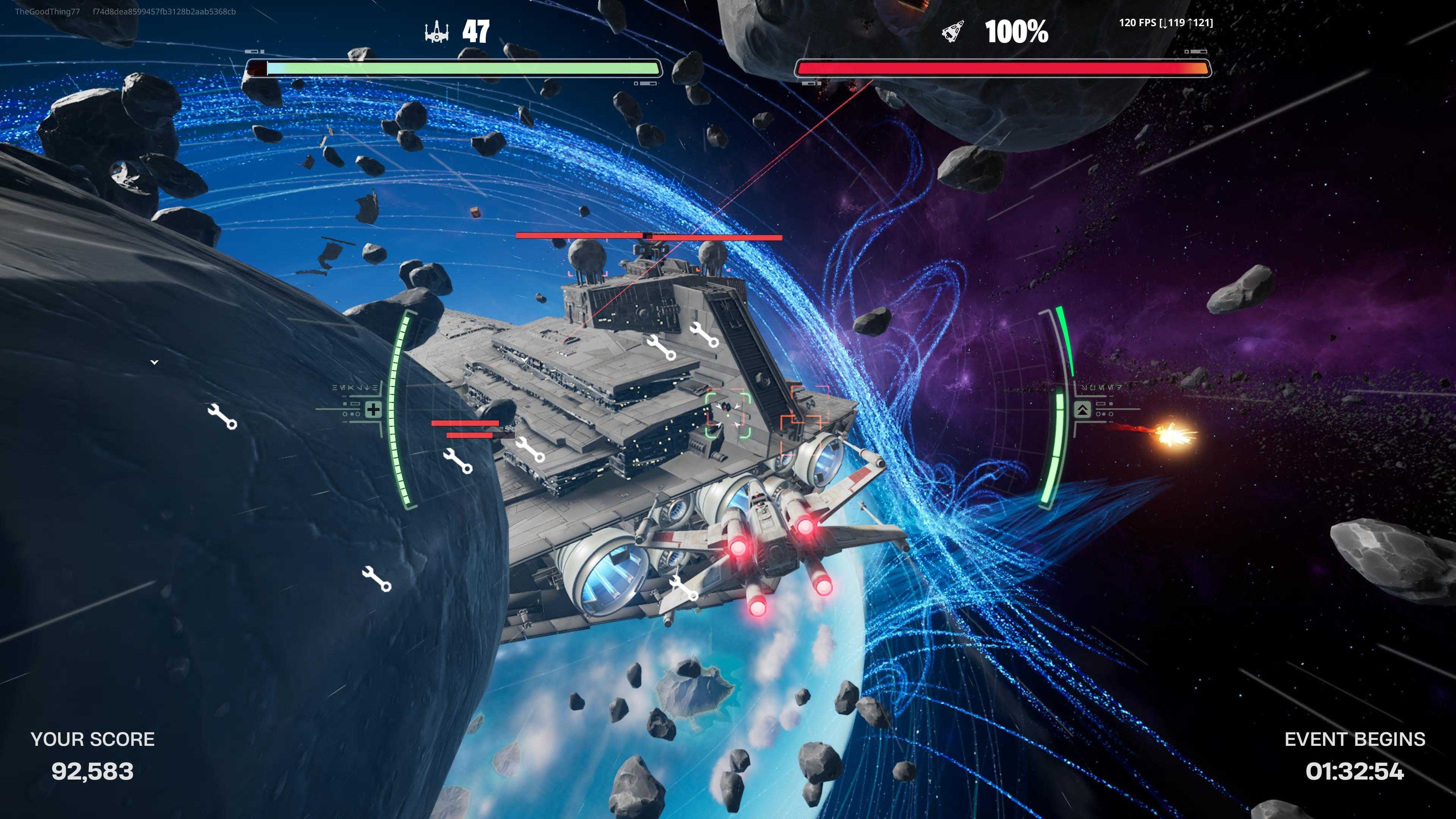 An X-Wing battles its way to a Star Destroyer