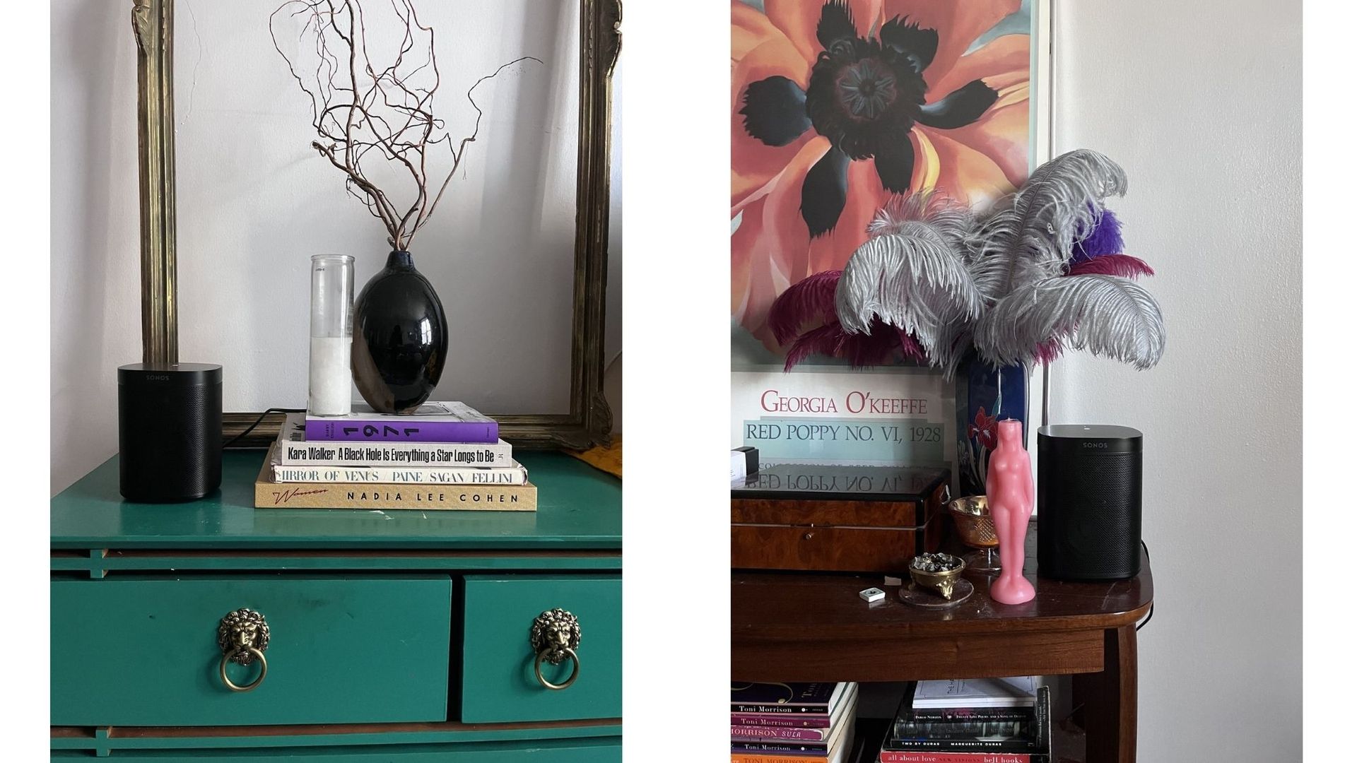 speakers on tables with books and decor