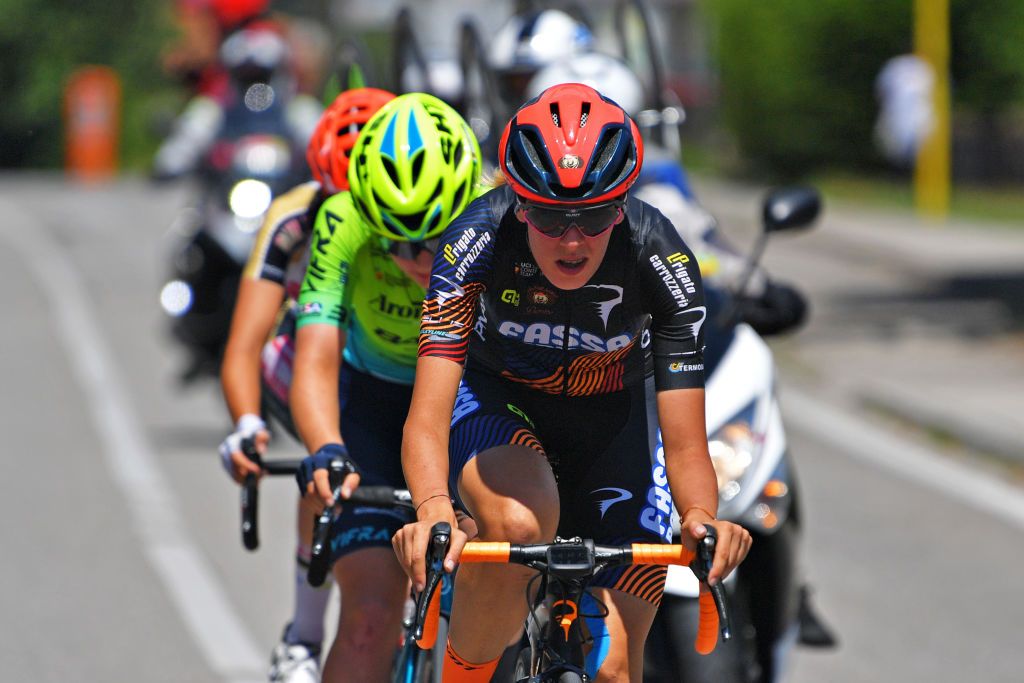 MONTE MATAJUR ITALY JULY 10 Giorgia Vettorello of Italy and Team Top Girls Fassa Bortolo in the Breakaway during the 32nd Giro dItalia Internazionale Femminile 2021 Stage 9 a 1226km stage from FelettoUmberto to Monte Matajur 1267m GiroDonne UCIWWT on July 10 2021 in Monte Matajur Italy Photo by Luc ClaessenGetty Images