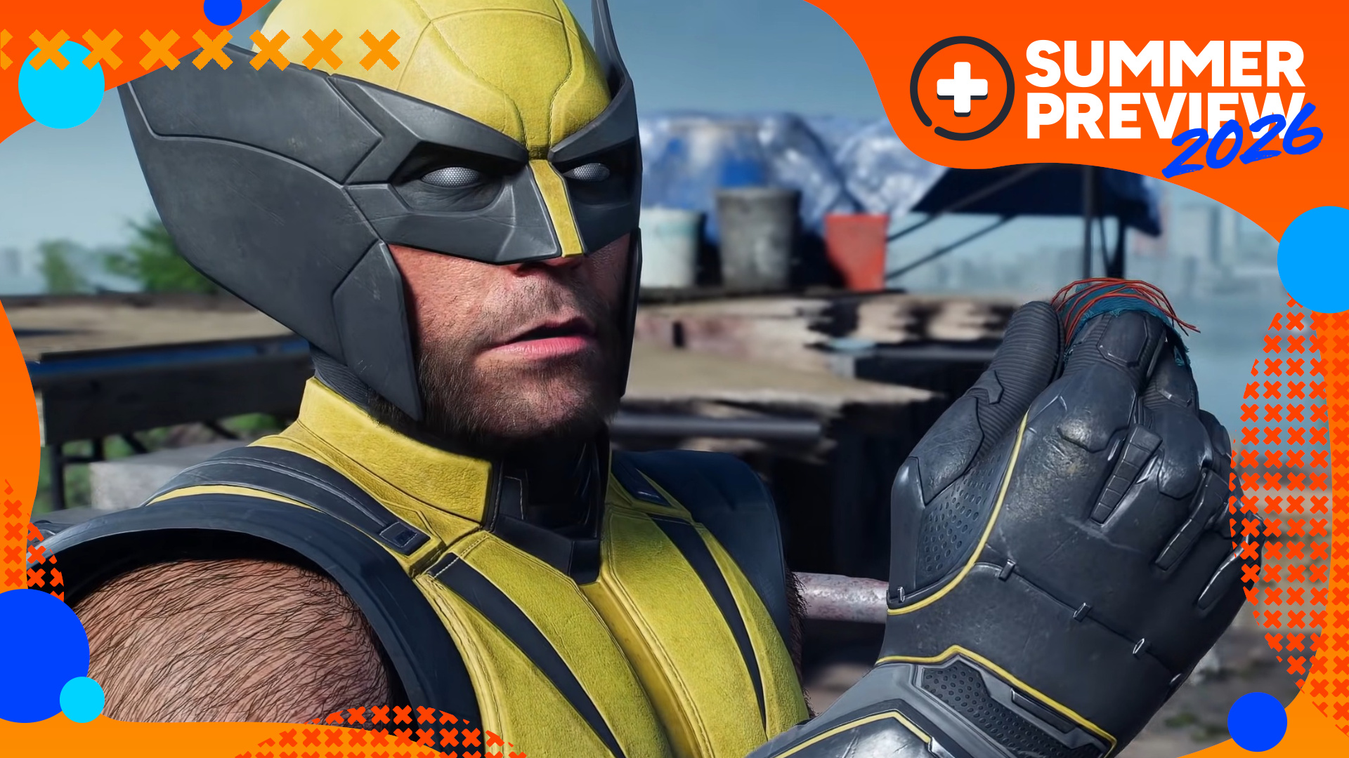 A cropped image of Logan examining fibers in Marvel's Wolverine as he tracks kidnap victims, with the orange GamesRadar+ Summer Preview 2026 frame