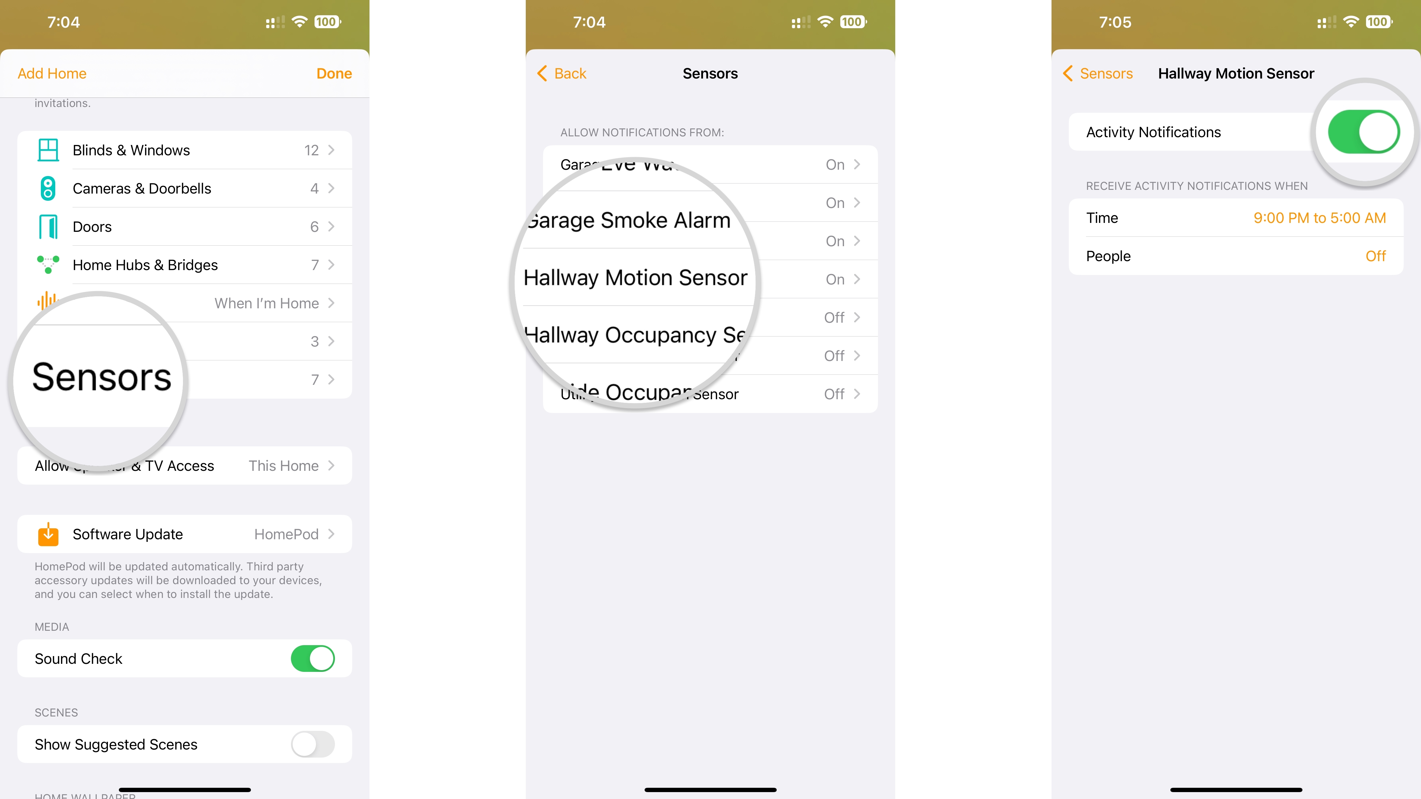 How to enable HomeKit sensor notifications on an iPhone by showing steps: Tap an accessory type, tap an accessory, Tap to toggle Activity Notifications.