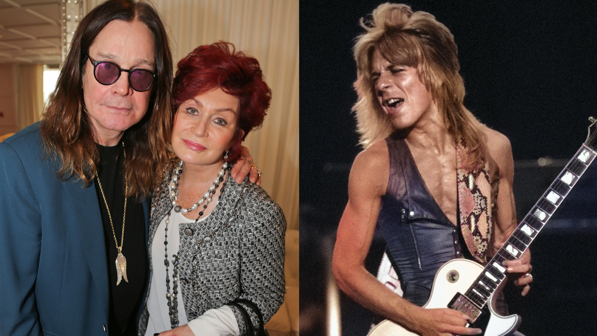 LEfT: Ozzy Osbourne and Sharon Osbourne attend ASCAP&#039;s 2014 GRAMMY Nominee Brunch at SLS Hotel on January 25, 2014 in Beverly Hills, California. RIGHT: Guitarist Randy Rhoads is shown performing on stage during a live concert appearance with the Blizzard of Ozz on August 26, 1981. 
