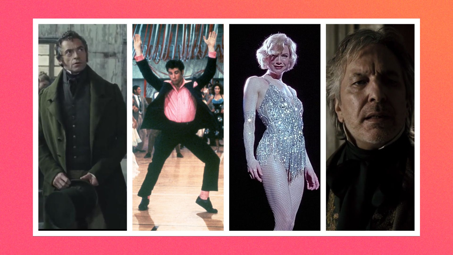 Four images from different musicals sliced together including Les Mis, Grease, Chicago and Sweeney Tood: The Demon Barber of Fleet Street