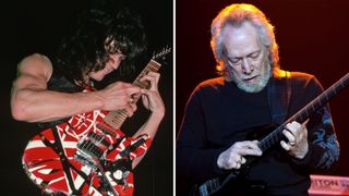 LEFT: Guitarist for the rock band Van Halen, Eddie Van Halen, displaying his guitar virtuousity during a concert. Undated photograph. RIGHT: ALBUQUERQUE, NM - DECEMBER 31: Canned Heat guitarist Harvey "The Snake" Mandel performs with The Heroes of Woodstock at Route 66 Casino's Legends Theater on December 31, 2009 in Albuquerque, New Mexico. Harvey joined Canned Heat in 1969 and remained with the group for over a year in their heyday. 