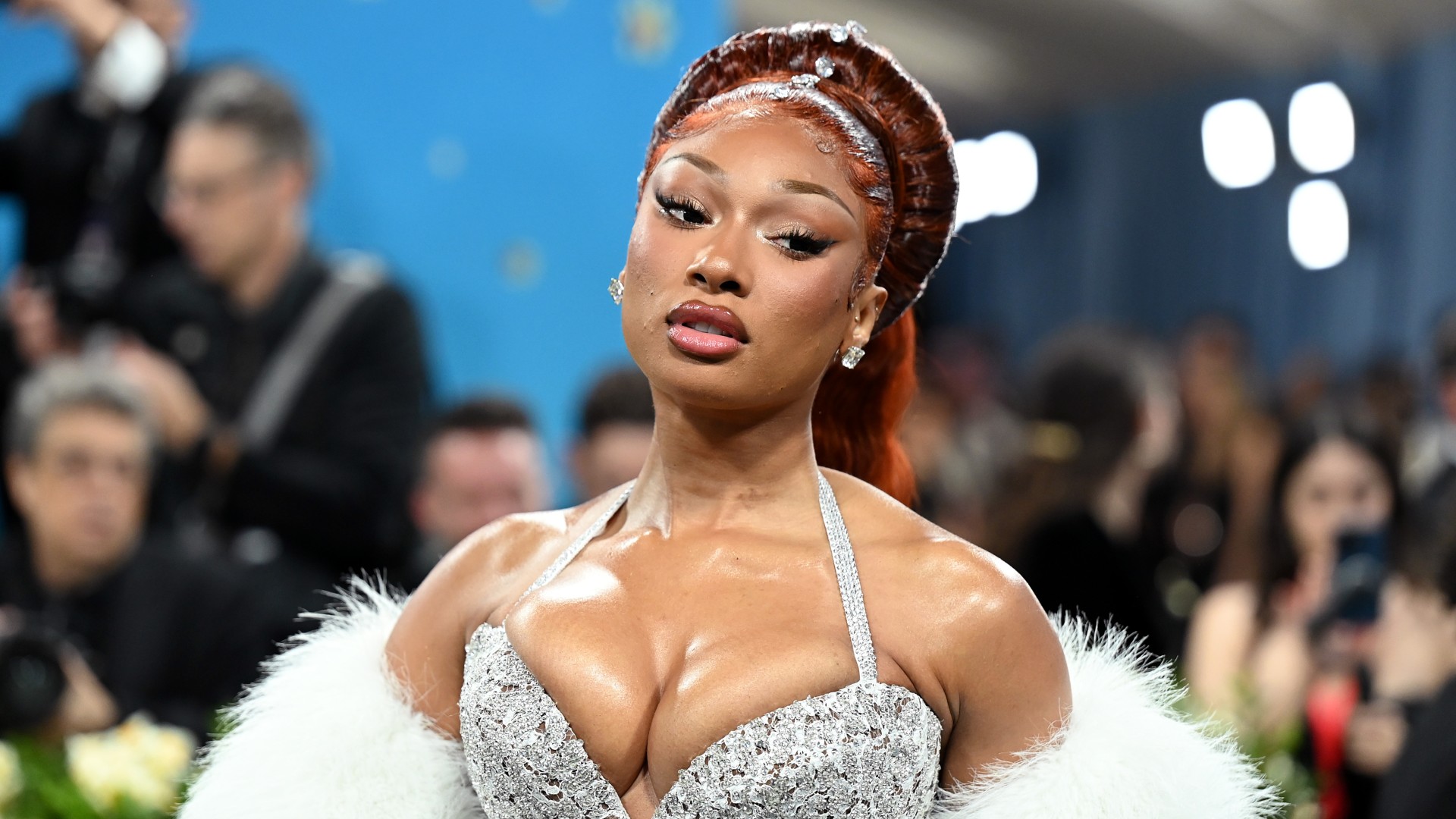 Megan Thee Stallion pictured wearing a sculptural ponytail at the 2025 Met Gala