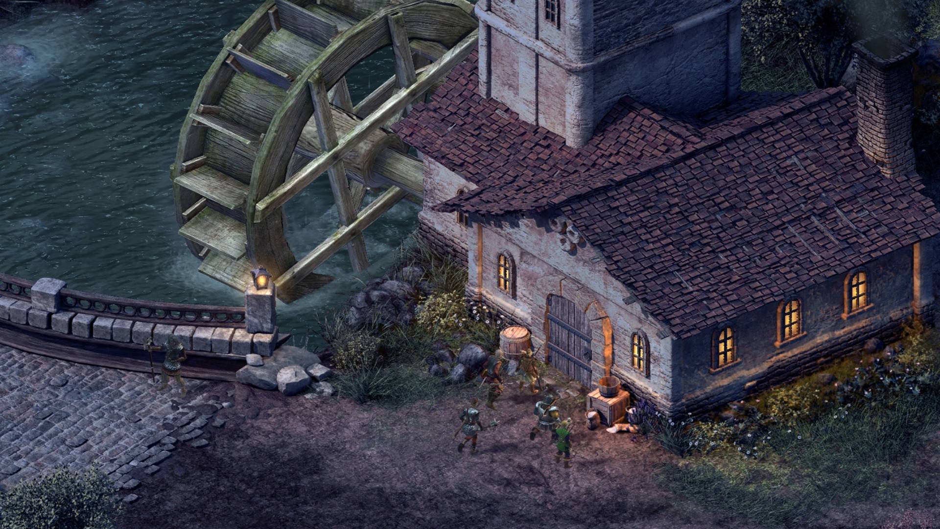 In Pillars of Eternity, the party stands before a small chapel-like building next to a water wheel