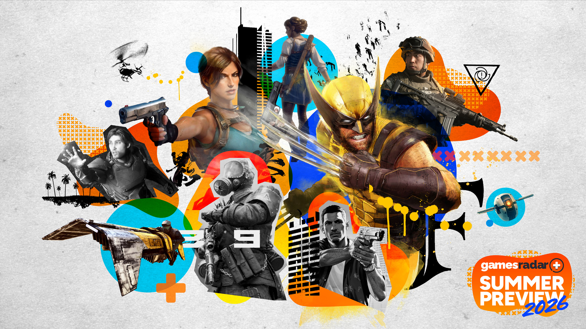 An assortment of characters form the GamesRadar+ Summer Preview 2026 montage, including Wolverine, Lara Croft, characters from GTA, and more