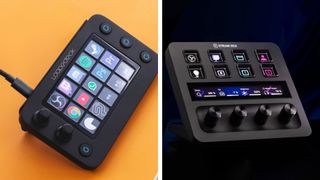 Elgato Stream Deck Plus and Loupedeck Live S image separated down the middle by a white line