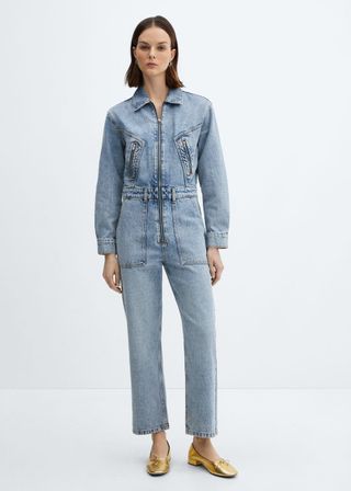 Denim Jumpsuit With Zipper - Women