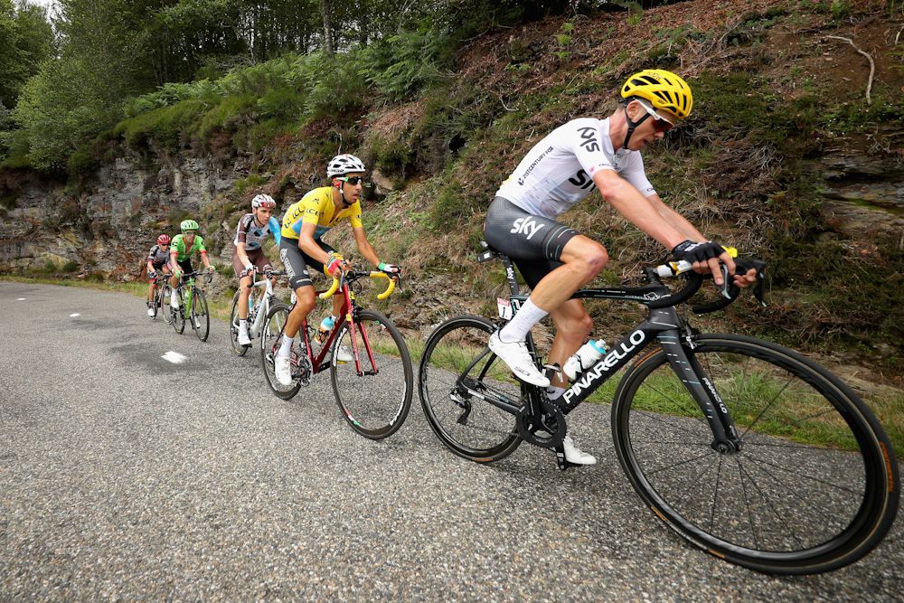 Fabio Aru follows Chris Froome during stage 13 at the tour de France