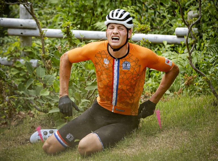 Mathieu van der Poel after crashing at Tokyo 2020 Olympic cross country mountain bike race