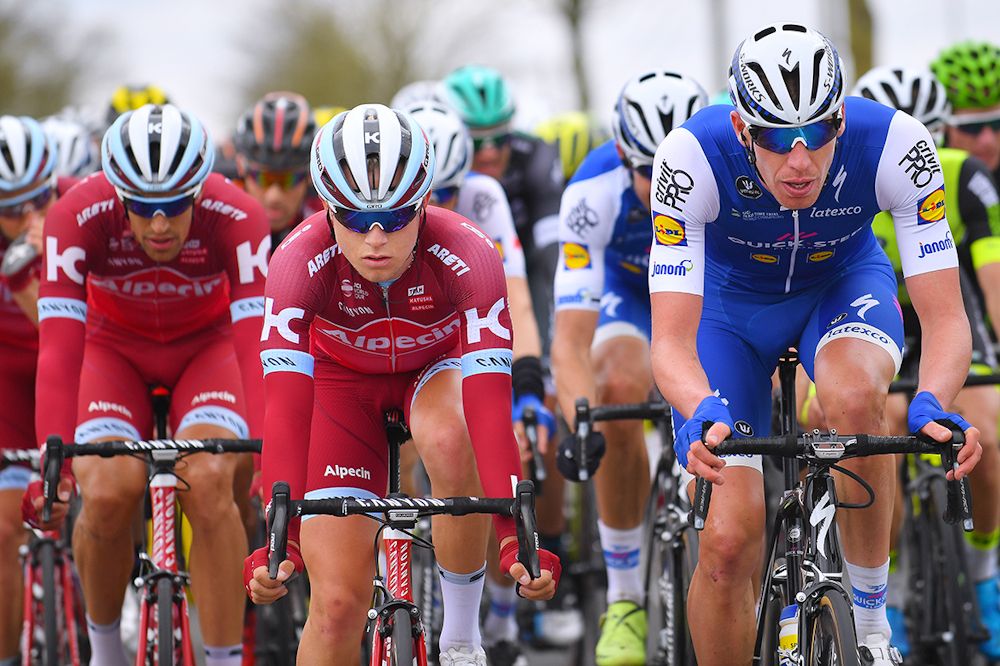 Katusha's Mads Wurtz Schmidt on the front of the De Panne peloton.