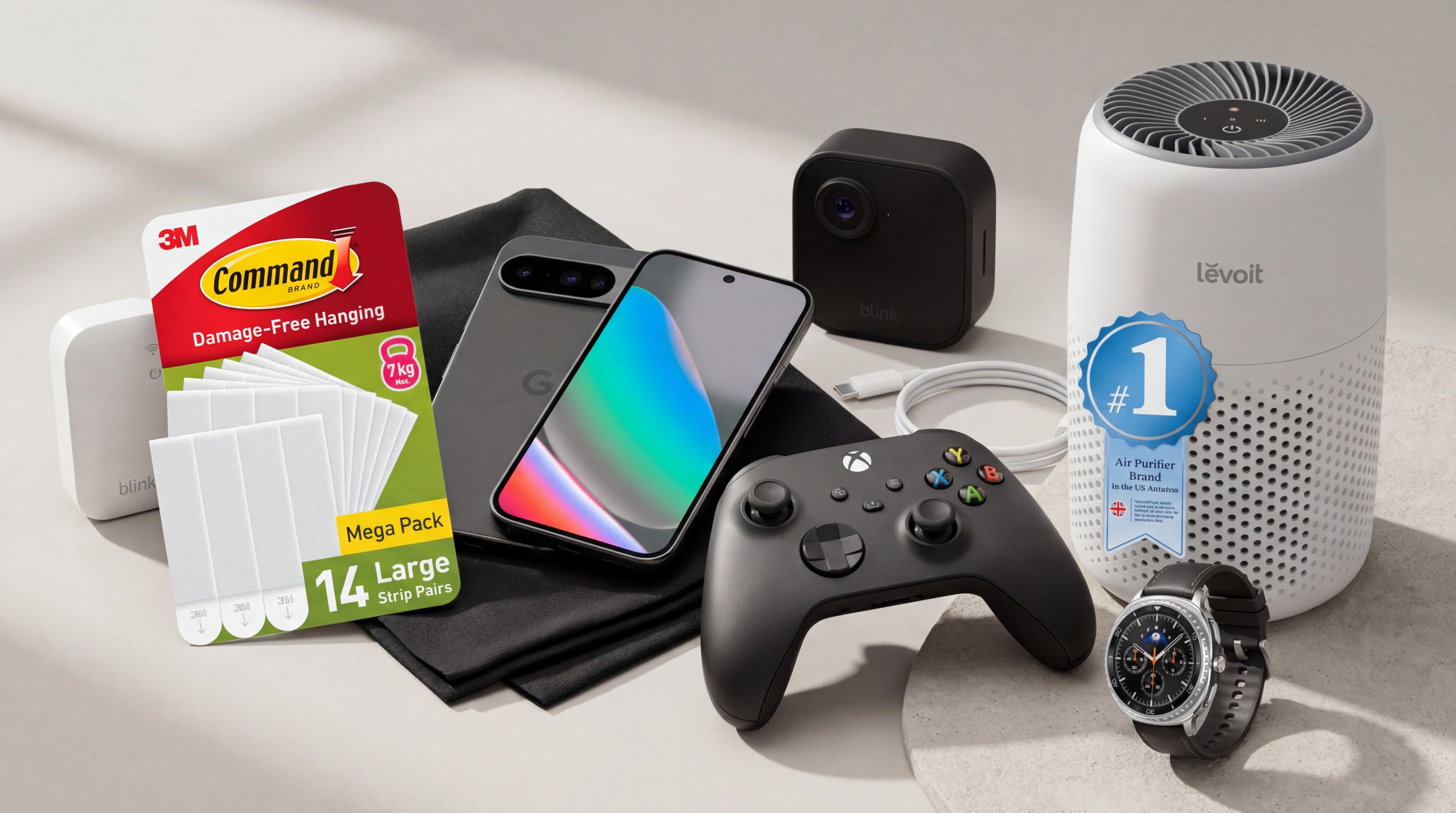 Collage of tech from the Amazon UK weekend sale, including an Xbox controller, Samsung watch, Levoit air purifier and Blink Mini.