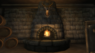 in-game fireplace in Oblivion's Oak and Crosier inn with a stuffed deer head over the fire
