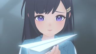 Starsand Island girl with dark hair and violet eyes holding a paper airplane