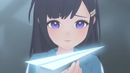 Starsand Island girl with dark hair and violet eyes holding a paper airplane