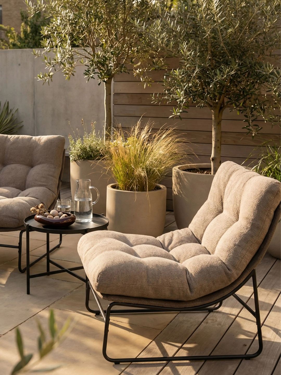 Cult Furniture, Odessa Garden Bistro Lounge Set - Natural Boucle &amp;amp; Charcoal Black