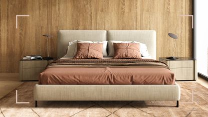 Japandi bedroom with low framed bed wooden clad wall and earthy red bed sheets