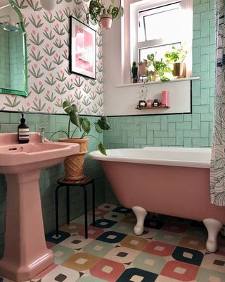 A pink and green bathroom