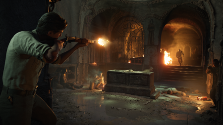An image from Mafia: The Old Country, showing a shootout between men in a dark crypt with bodies scattered across the floor.