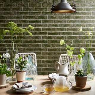 green brick effect wall dinning table and plants pot