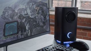 The Vortx gaming device looks like a speaker, but it blows air instead of sound.