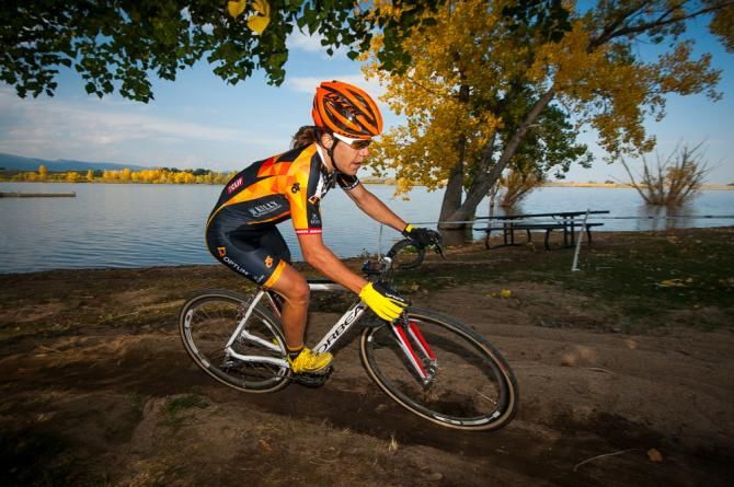 Crystal Anthony (Optum p/b Kelly Benefit Strategies) takes a tight sandy sweeping turn along the beachfront of the Boulder Reservoir. Colorado Cross Classic.