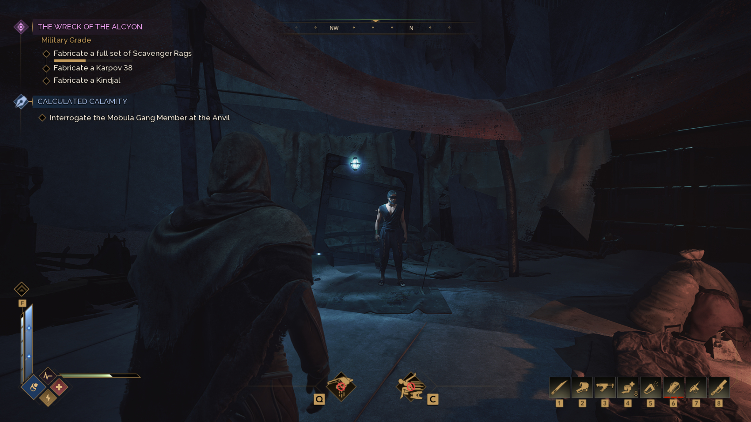 Dune: Awakening trainer locations - Advanced swordmaster trainer Seron Varlin under a canopy in a dark alley in Harko Village.