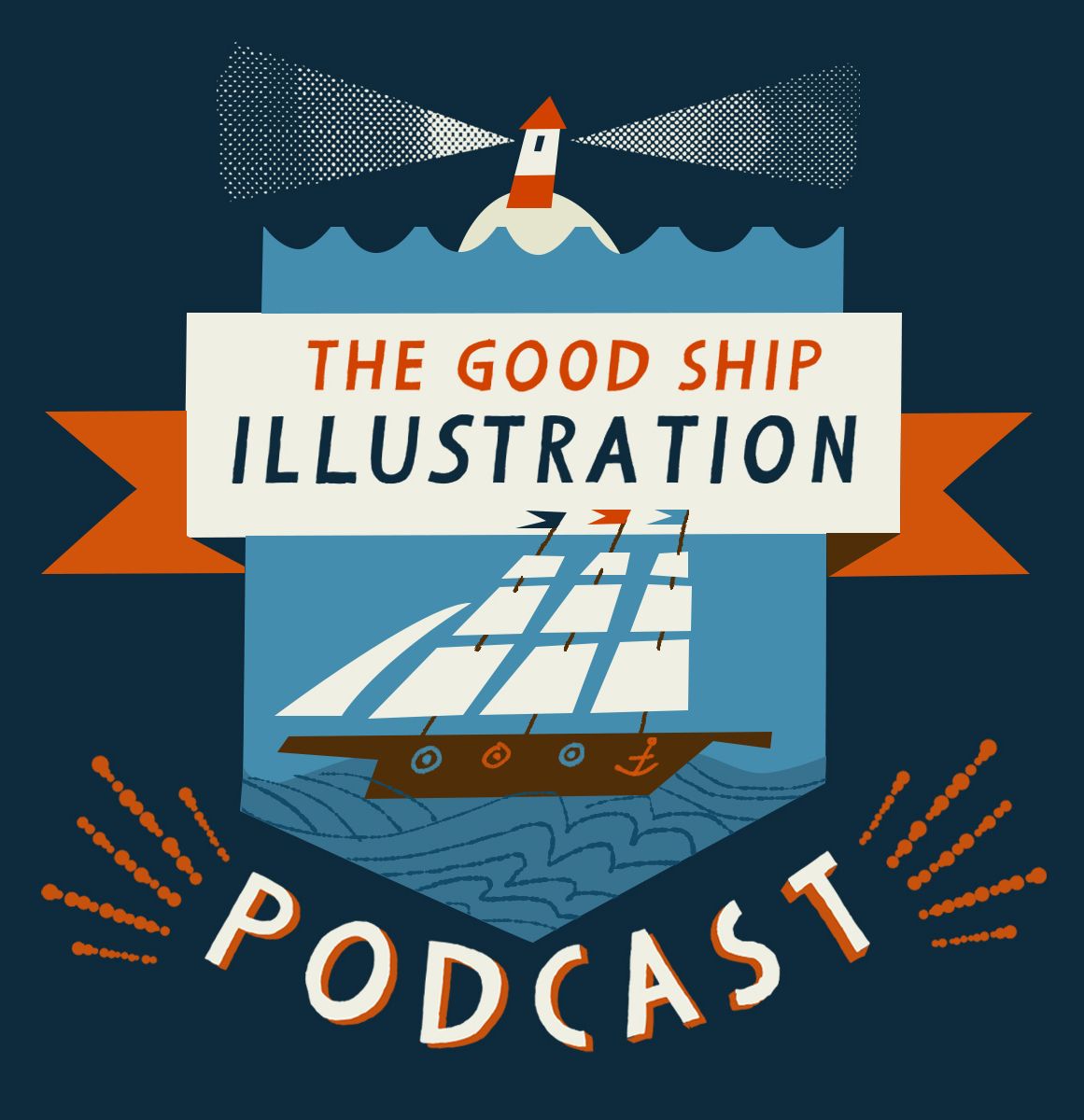 Image of a ship and lighthouse, the good ship illustration podcast logo