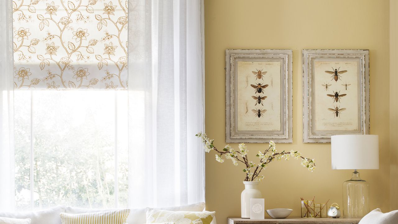 Living room window with floral patterned blinds