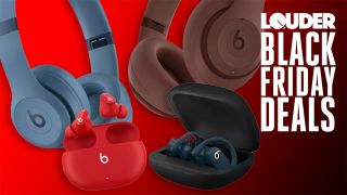 A montage of 4 different pairs of Beats headphones on a red and black background.