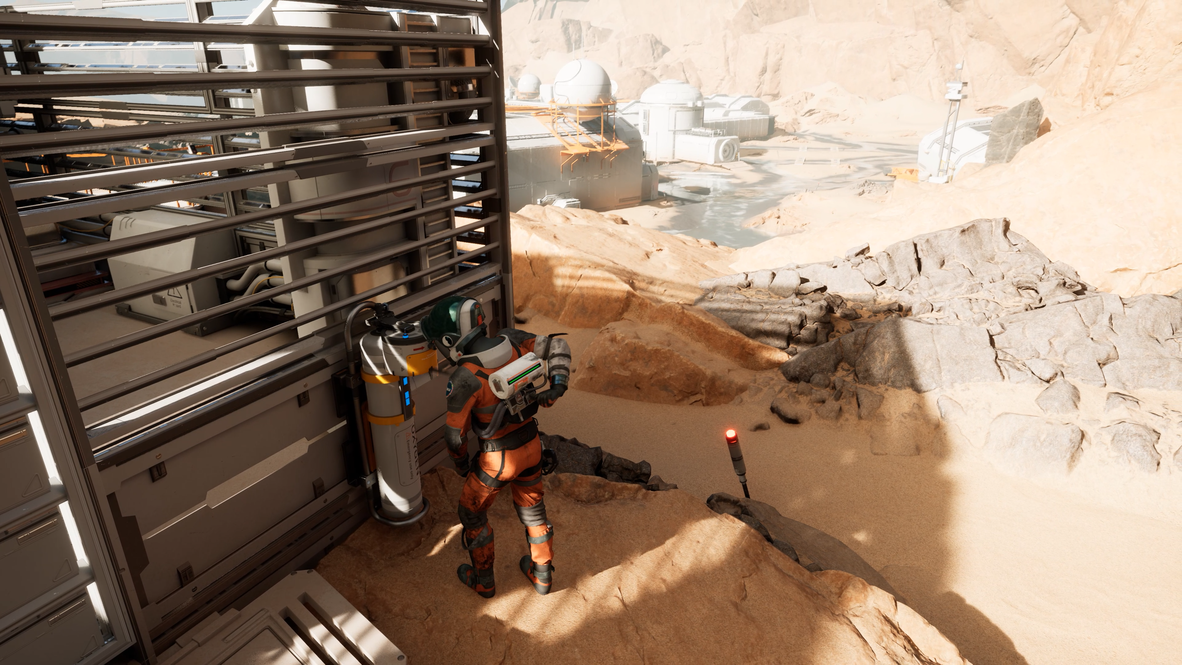 An Aphelion screenshot showing protagonist Thomas interacting with an oxygen tank.