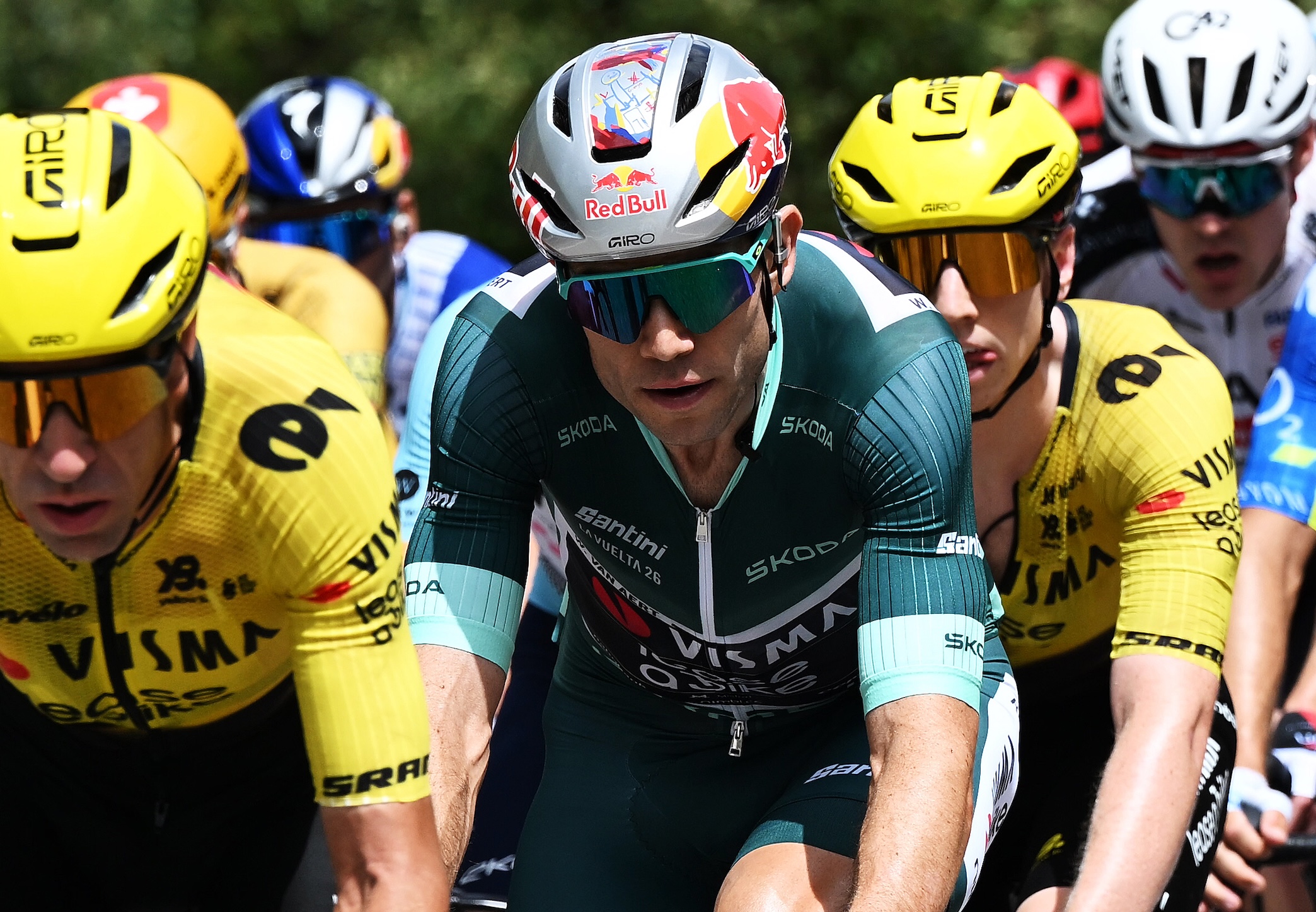 Wout Van Aert of Visma-Lease a Bike rides in the Green points jersey on stage 10