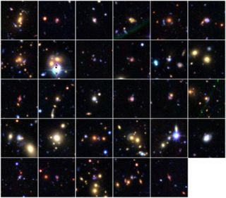 A collage of the 29 new gravitational lensing candidates discovered by volunteer citizen scientists using Space Warps.