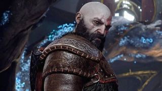 Kratos turning to look at the camera in God of War Ragnarok