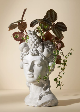 grecian bust-style plant pot filled with foliage